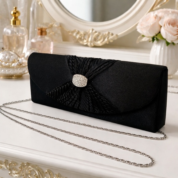 Handbags - Vintage Black Satin Evening Clutch with Rhinestone Clasp & Chain Strap